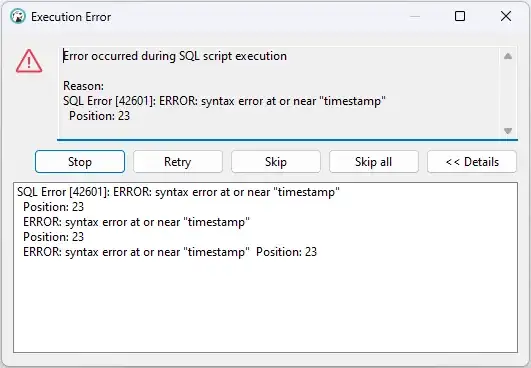 ERROR: syntax error at or near "timestamp"