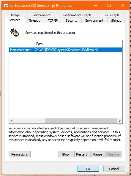 Service properties of svchost.exe hosting WMI service scrolled