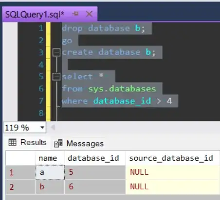 sys.databases showing database_id for database b decremented from previous screencap