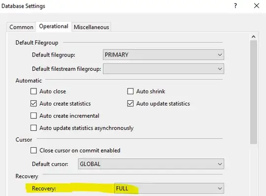 Screenshot of database settings dialog in Visual Studio, with the "Recovery" dropdown option highlighted