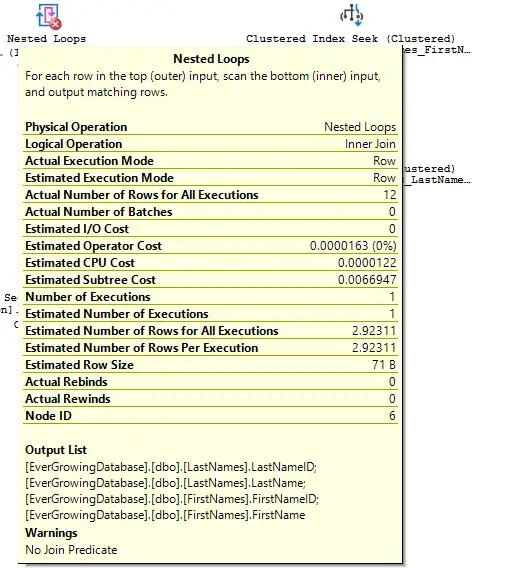 Query Execution Plan JOIN predicate details showing NO JOIN PREDICATE warning