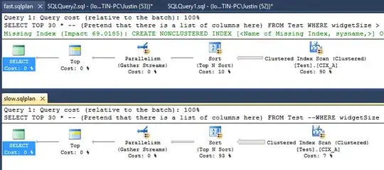 Screenshot of query execution plan for the fast and slow versions of the query