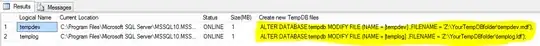 Image showing 2 rows with details on TempDB files and T-SQL statements to move them