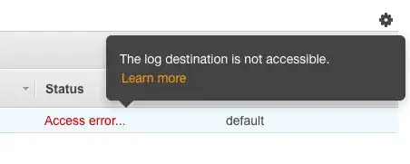 A cropped screenshot of the Flow Logs tab in VPC console showing Status in Access error with a pop-up saying The log destination is not accessible.