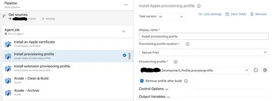 Several Xcode steps in Azure. The selected one is "Install provisioning profile" where one of the above-shown provisioning profiles is installed to the build machine.