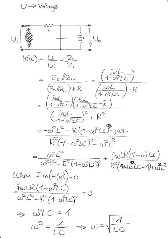 Calculation of the resonance frequency/angular velocity of the bandpass filter using the transfer function.