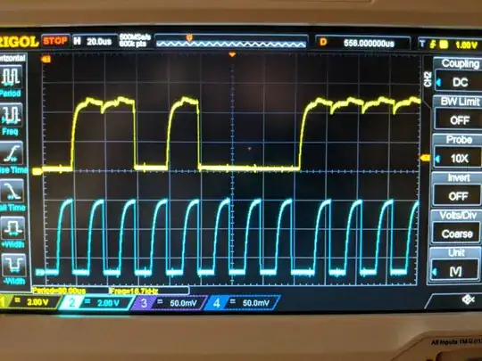 Yellow signal is the SDA line and Blue is SCL