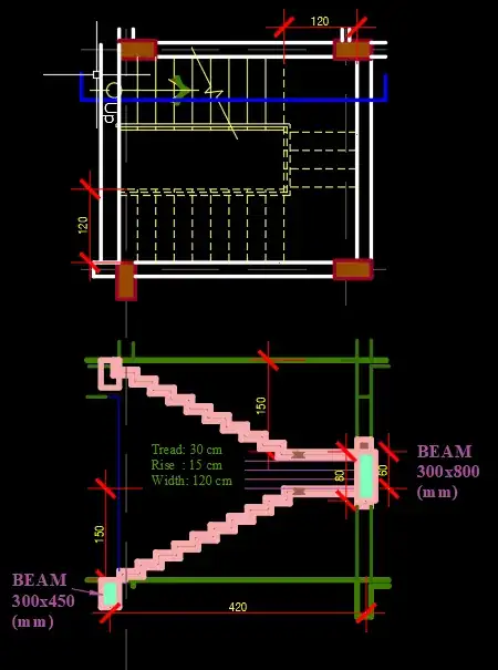Plan & Section of Open Well Stair