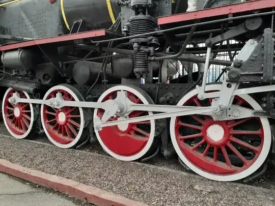 Picture of the wheels of a Soviet-era locomotive