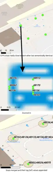 GTFS stops unique by stop_id and stop_code with slightly different coordinates and how they get merged