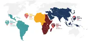 Map showing the geographical coverage of each of HOT's Open Mapping Hubs