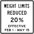 maxweight:conditional=12 st @ (Feb 1-May 15) maxweight:hgv:conditional=12 st @ (Feb 1-May 15 AND axles=2); 36800 lbs @ (Feb 1-May 15 AND axles=3); 43200 lbs @ (Feb 1-May 15 AND axles=4); 32 st @ (Feb 1-May 15 AND axles=5); 55600 lbs @ (Feb 1-May 15 AND axles=6); 31 st @ (Feb 1-May 15 AND axles>=7) maxweight:hgv_articulated:conditional=32 st @ (Feb 1-May 15) (80% of legal load limits for configurations 2F1, 3F1, 4F1/SU4, SU5, SU6, SU7, and 5C1, respectively)