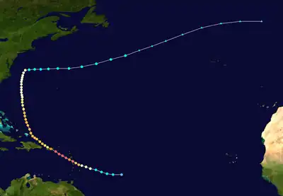 Track map of Hurricane Maria of the 2017 Atlantic hurricane season. The points show the location of the storm at 6-hour intervals. The colour represents the storm's maximum sustained wind speeds as classified in the Saffir–Simpson scale (see below), and the shape of the data points represent the nature of the storm. This track however does not show the full extent of areas that have been severely impacted, which extends to more than 100 km from the track.