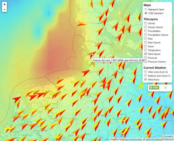 OSM map ("mapnik") of North Sea and Northwest Germany with a wind speed overlay for the storm on 28th October 2013
