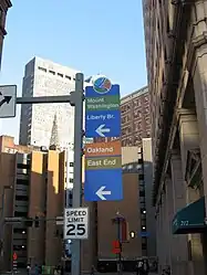 A community wayfinding system in the United States: destination=Mount Washington destination:colour=green destination=Oakland;East End destination:colour=orange;yellow