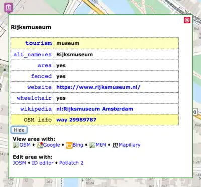 Openpoimap window with poi info and wiki links