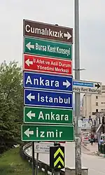 Directional signs in Turkey: destination=Cumalıkızık;Bursa Kent Konseyi;İl Afet ve Acil Durum Yönetimi Merkezi;Ankara;İstanbul;Ankara;İzmir destination:colour=brown;green;red;blue;blue;green;green[4]