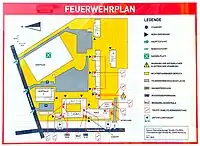 Feuerwehrplan - in gelb dargestellt - die nicht befahrbaren Flächen für die Feuerwehr.