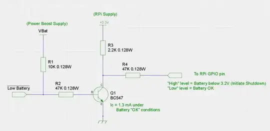 A simple Common Emitter stage with a 10KOhm pull up resistor (R1) onto the LBO pin and a series 47KOhm resistor (R2) to the base of a generic NPN transistor (Q1) stage with a collector resistor of 2.2KOhm (R3) to the RPi +3.3Volt supply and another 47K series resistor (R4) to an RPi GPIO (input) pin.