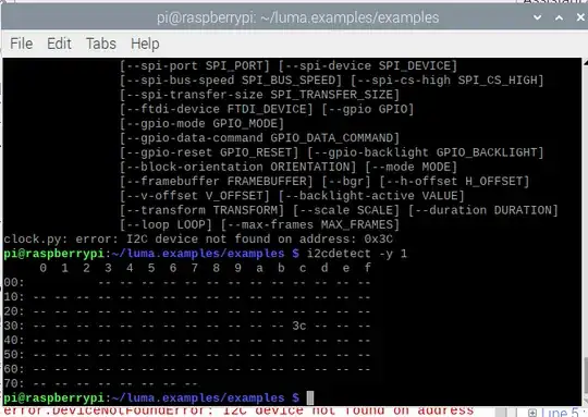 error from luma.example, plus output of i2cdetect