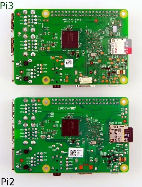 Side by side photo of lower board surface of Pi 3 and Pi 2