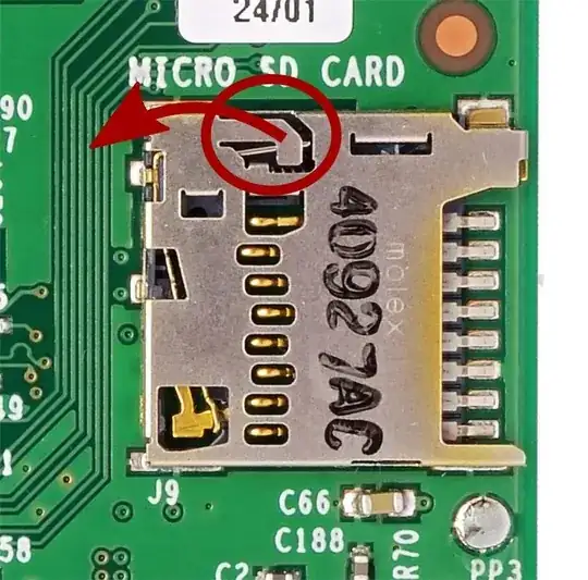 An image of the SD card on the Raspberry Pi 2 Model B, with an arrow indicating the way to bend part of the housing to gain access to the spring.