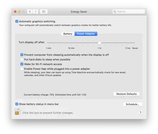 Energy Saver config - macOS Catalina
