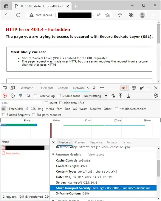 Screenshot of home page with developer tools open showing Strict-Transport-Security header