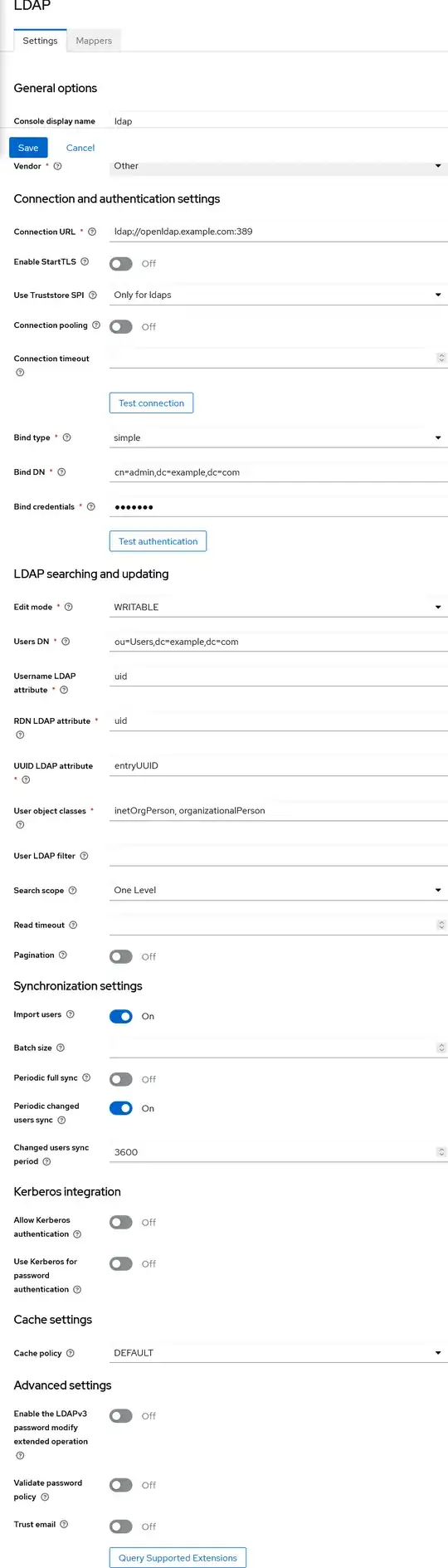 Keycloak user federation settings