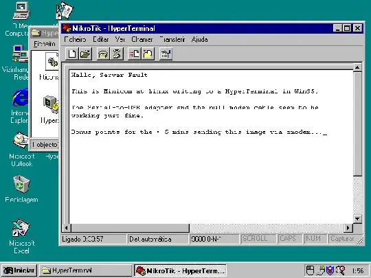 Windows 95 running HyperTerminal, showing text sent from Minicom at Linux, proving the Serial-to-USB cable works fine.