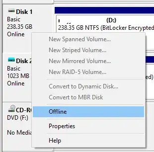 Screenshot of Disk Managment showing the "Offline" context menu item