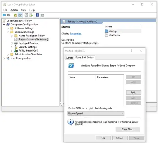 Screen shot of the group policy editor opened to the startup scripts settings.