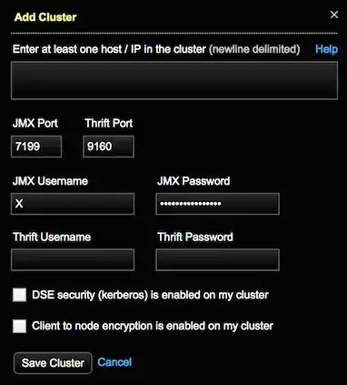 Add cluster dialog: credentials shown