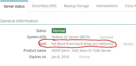 OVH boot configuration screen