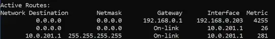 Partial routing table for a Windows client connected to VPN server