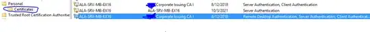 However we can see proper CA-certificate in Personal storage on server in question