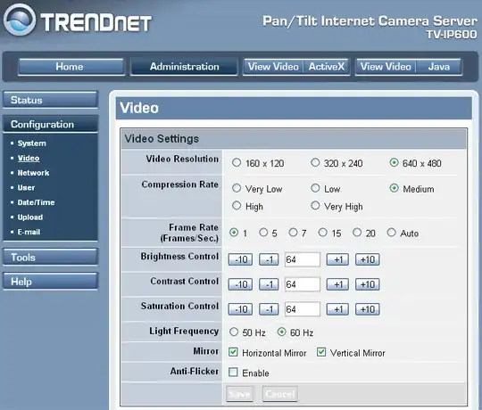 Config Options: Resolution, compression rate, Frames/Sec, Brightness, Contrast, Saturation, Frequency(Hz), Mirror