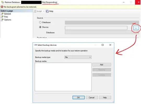 Screenshot of the restore dialog and its child modal