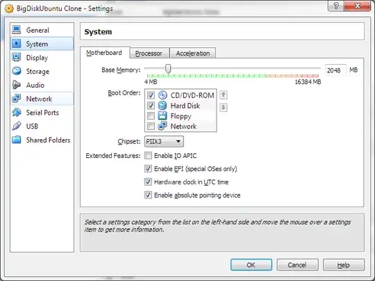 System settings for the Virtualbox VM