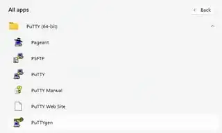 Start Menu, All apps, PuTTY section, PuTTYgen