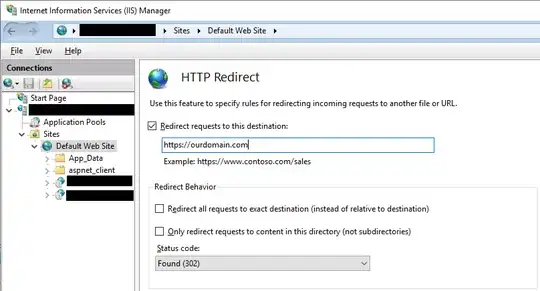 Screenshot of IIS HTTP redirect settings for Default Web Site