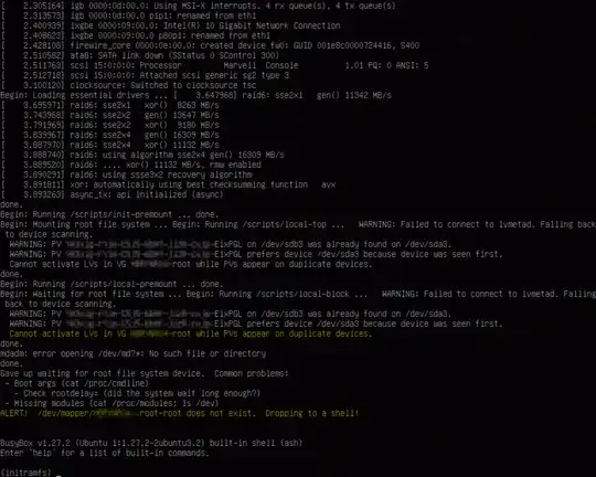 Boot Screen. PV and server names removed, important lines highlighted.