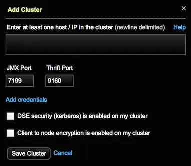 Add cluster dialog: credentials not shown