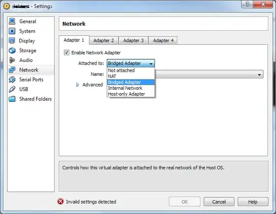 Within the network settings, on the "Adapter 1" tab. "Enable Network Adapter" is ticked, and "Attached to:" is selected to "Bridged Adapter".