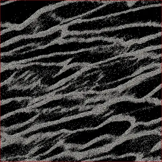 _N_-body cell of a simulation of Saturn's rings with particles shown as tiny shaded spheres against a black background.