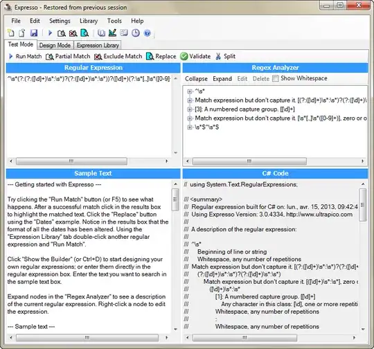 Sample screen with the initially given regex