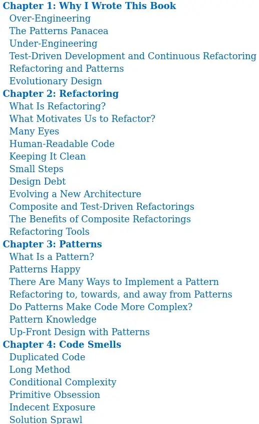 Table of Contents Screenshot of Book Refactoring To Patterns by Joshua Kerievsky