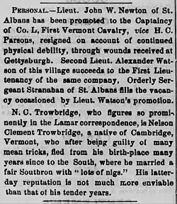 "Personal." The Burlington Times, Vermont, January 19, 1864