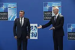 Stoltenberg with Macedonian Prime Minister Zoran Zaev during a NATO summit on 14 June 2021