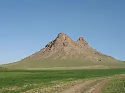 A photograph depicting the Iranian mountain of Shotor Kuh, with one large peak in front and a similarly sized peak behind and to the right, creating a "camel-like" appearance. The mountain peaks are an earthy brown while the base of the mountain is green.